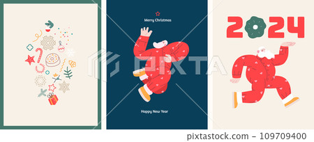Christmas postcards with Santa Claus - modern flat vector concept illustrations of the Christmas and New Year symbols, vertical postcards set Christmas postcards with Santa Claus - modern flat vector concept illustrations of the Christmas and New Year symbols, vertical postcards set 109709400