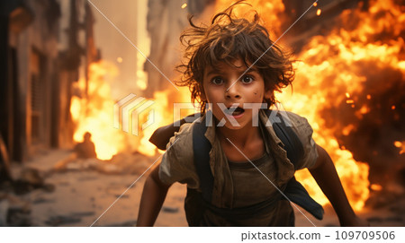 Scared child escapes rocket attack in Middle Eastern city, Arab kid runs down street from explosion, unhappy boy on fire background. Concept of Palestine Israel war, missile strike 109709506