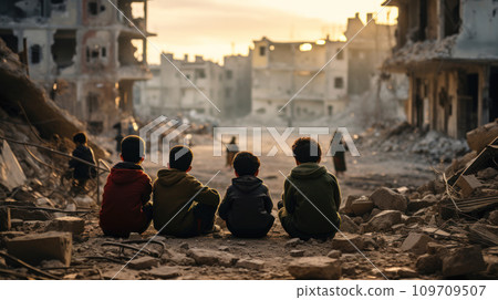 Middle Eastern children sit on destroyed city street watching buildings ruins, unhappy Arab kids looks at destructions during war. Concept of Palestine Israel conflict, childhood 109709507