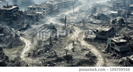 Aerial view of destroyed city, buildings ruins due to war in Middle East. Deserted scene of rubbles and smoke, urban destructions. Concept of wasteland, terror, post apocalypse 109709508