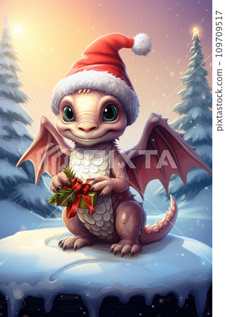 Cute baby dragon in winter forest, portrait of smiling fairy animal on Christmas. Happy character and gift on snow background. Concept of New Year, xmas, illustration, pattern, nature 109709517