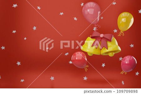 3d rendering Golden bell with a red bow, red balloon and yellow balloon, Merry Christmas and Happy new year concept. 109709898