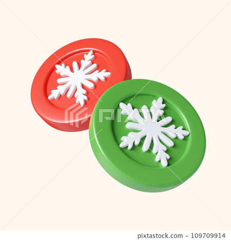 3d Christmas coin icon. minimal decorative festive conical shape tree. New Year's holiday decor. 3d design element In cartoon style. Icon isolated on white background. 3D illustration 109709914