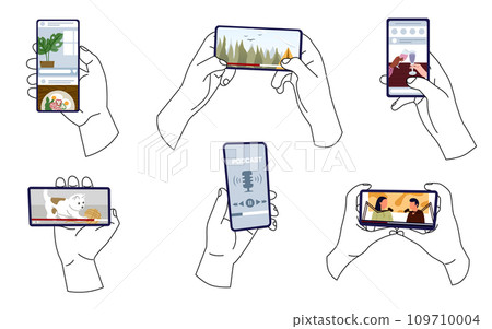 Hands holding a smartphone. Hand holding smartphone with movies, news media, social network story, series, podcast set. Concept of news Hands holding a smartphone. Hand holding smartphone with movies, news media, social network story, series, podcast set. Concept of news 109710004