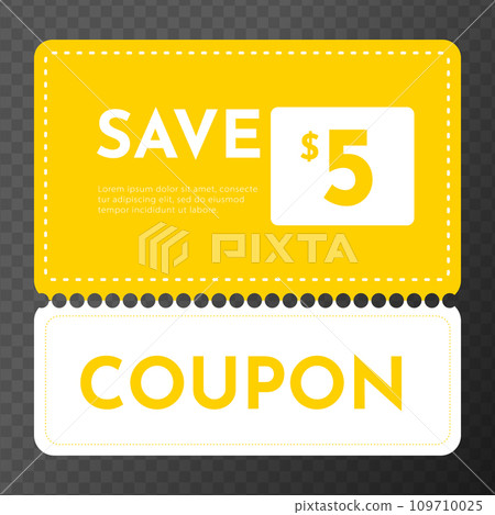Coupon save 5 dollars.Promotion sale. Coupon fashion ticket card. Coupon discount. Vector illustration EPS10 Coupon save 5 dollars.Promotion sale. Coupon fashion ticket card. Coupon discount. Vector illustration EPS10 109710025