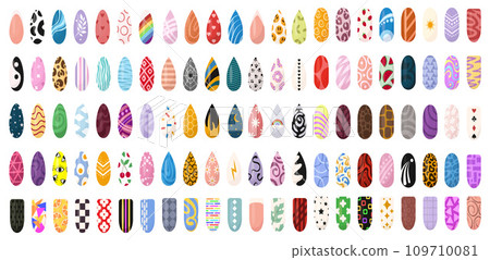 Ideas of nails design art. Bright colorful manicure set. Colorful glossy decorative polish collection with texture and print for finger nail. Ideas of nails design art. Bright colorful manicure set. Colorful glossy decorative polish collection with texture and print for finger nail. 109710081