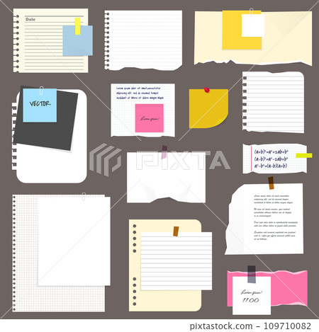 Paper notes, stickers, sticky sheets and tape. Blank notepaper of meeting reminder, to do list and office notice or information board with appointment notes. Paper notes, stickers, sticky sheets and tape. Blank notepaper of meeting reminder, to do list and office notice or information board with appointment notes. 109710082