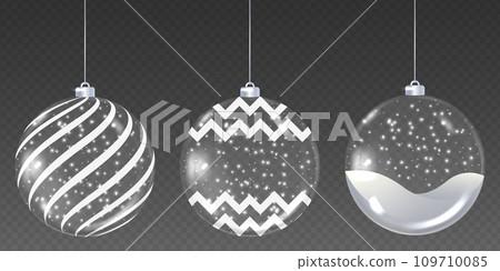 Christmas ornaments ball. Set Transparent glass Christmas balls empty and with snow. 3d xmas tree decoration 109710085