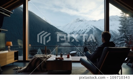 AI-generated content. Traveler enjoying weekends inside contemporary house in mountains. comeliness 109710343
