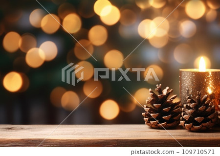 AI-generated content. Merry Christmas and Happy New Year background with empty wooden table comeliness 109710571