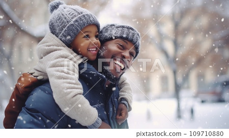 AI-generated content. Happy family having fun while travel outdoor in winter comeliness 109710880