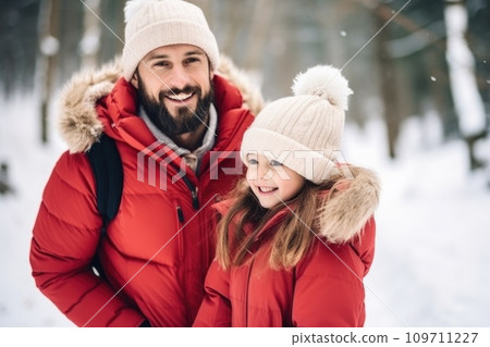AI-generated content. Happy family having fun while travel outdoor in winter comeliness 109711227