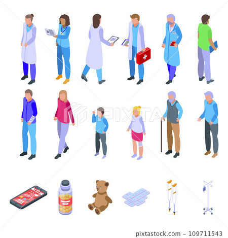 Family doctor icons set. Isometric set of family doctor vector icons for web design isolated on white background Family doctor icons set. Isometric set of family doctor vector icons for web design isolated on white background 109711543
