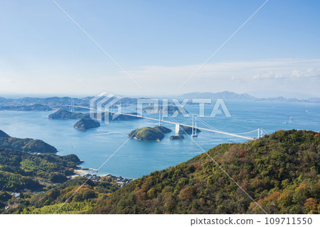 View of the Setouchi Shimanami Kaido Kurushima Kaikyo Bridge from the Kirosan Observation Deck 109711550
