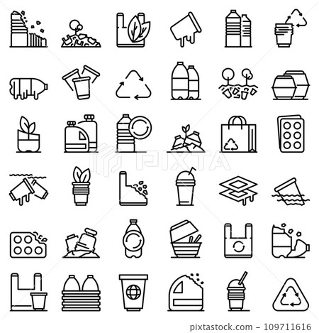 Biodegradable plastic icons set. Outline set of biodegradable plastic vector icons for web design isolated on white background Biodegradable plastic icons set. Outline set of biodegradable plastic vector icons for web design isolated on white background 109711616