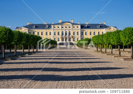 View of Latvian tourist landmark attraction -  Rundale palace and beautiful park in the summer, Pilsrundale, Latvia. 109711880