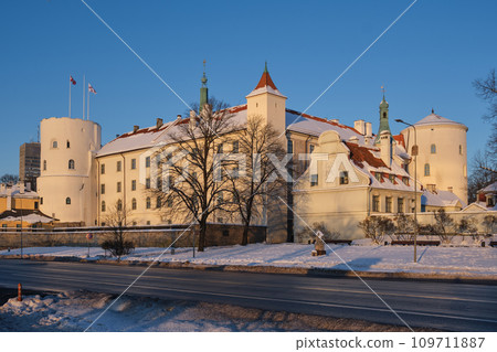 Old town of Riga - medieval Riga castle in the winter. Latvian presidential residence. Riga, Latvia. Old town of Riga - medieval Riga castle in the winter. Latvian presidential residence. Riga, Latvia. 109711887