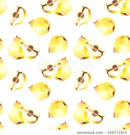 Watercolor hand painted seamless pattern of yellow ripe juicy quince whole, cut fruits with seeds inside. Illustration Repeating design for wrapping paper, wallpaper, cover. Isolated white background. Watercolor hand painted seamless pattern of yellow ripe juicy quince whole, cut fruits with seeds inside. Illustration Repeating design for wrapping paper, wallpaper, cover. Isolated white background. 109711925