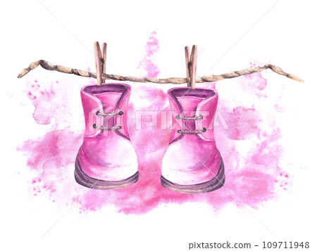 Baby pink booties, shoes with clothesline and clothes pegs against a background of watercolor stains It is a girl. Painted illustration for birthday, baby shower, newborn, gender reveal party Isolated 109711948