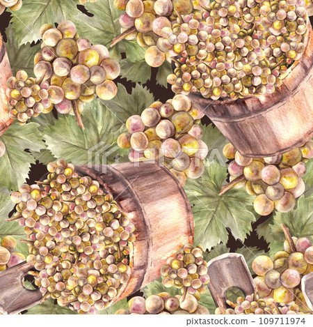 Watercolor seamless pattern. Bunch of green grapes, leaves with wooden bucket with the grape harvest. Grapevine hand painted. Wrapping paper, labels. Botanical illustration isolated dark background. Watercolor seamless pattern. Bunch of green grapes, leaves with wooden bucket with the grape harvest. Grapevine hand painted. Wrapping paper, labels. Botanical illustration isolated dark background. 109711974