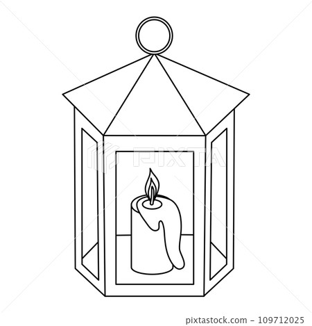 Retro metal lantern with burning red candle, doodle style flat vector outline for coloring book 109712025