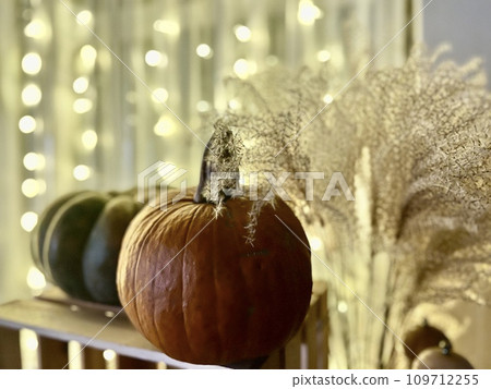 Pumpkins on a wooden shelf with a garland in the background for Christmas Pumpkins on a wooden shelf with a garland in the background for Christmas 109712255