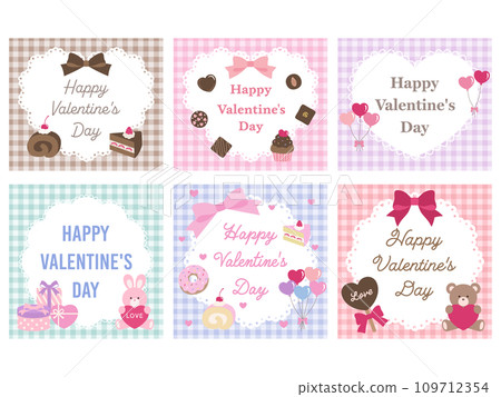 Valentine's day cute frame set. Ribbon, gingham, heart, rabbit, bear 109712354