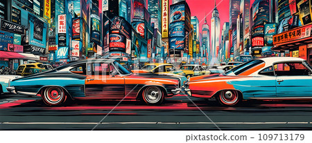 Fictitious retro automobiles on the streets of a big city in front of a skyline - ai generated 109713179