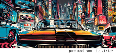 Fictitious retro automobiles on the streets of a big city in front of a skyline - ai generated Fictitious retro automobiles on the streets of a big city in front of a skyline - ai generated 109713186