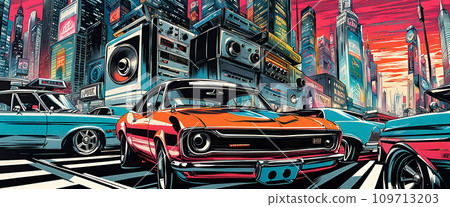 Fictitious retro automobiles on the streets of a big city in front of a skyline - ai generated Fictitious retro automobiles on the streets of a big city in front of a skyline - ai generated 109713203