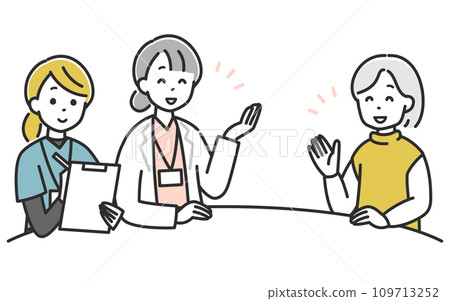 老年婦女與護士和醫生討論治療政策 老年婦女與護士和醫生討論治療政策 109713252