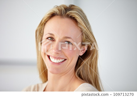 Portrait, mature woman and smile in home to relax for break, rest and confident personality in New Zealand. Face, happy and beautiful lady in apartment with good mood, pride and positive for optimism 109713270