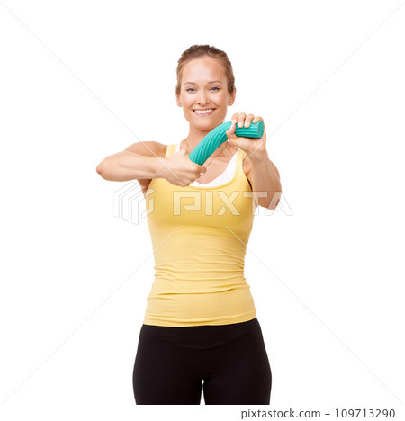 Happy woman, portrait and bend grip for resistance or arm exercise isolated against a white studio background. Young female person, athlete and band for workout, training or fitness on mockup space Happy woman, portrait and bend grip for resistance or arm exercise isolated against a white studio background. Young female person, athlete and band for workout, training or fitness on mockup space 109713290