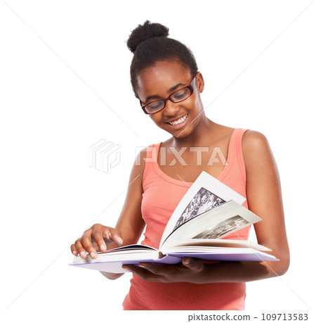 Thinking, black girl and kid with a picture book, smile and knowledge isolated on a white studio background. African person, child and model with information, hobby and activity with student and info Thinking, black girl and kid with a picture book, smile and knowledge isolated on a white studio background. African person, child and model with information, hobby and activity with student and info 109713583