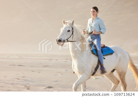 Horse riding, mockup and woman on outdoor with animal as jockey for happiness, joy and sand as hobby. Equestrian, smile and happy person or rider with sport on vacation or nature holiday with peace 109713624