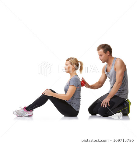 Massage ball, physiotherapy and studio with a woman with sport, fitness and workout back injury. Physical therapy, man and wellness with physio health and helping with white background and support Massage ball, physiotherapy and studio with a woman with sport, fitness and workout back injury. Physical therapy, man and wellness with physio health and helping with white background and support 109713780