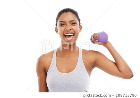 Woman, excited portrait and dumbbell for fitness in studio with workout, training and wellness. Weights, female person and athlete with iron, arm muscle and health with white background, exercise Woman, excited portrait and dumbbell for fitness in studio with workout, training and wellness. Weights, female person and athlete with iron, arm muscle and health with white background, exercise 109713796