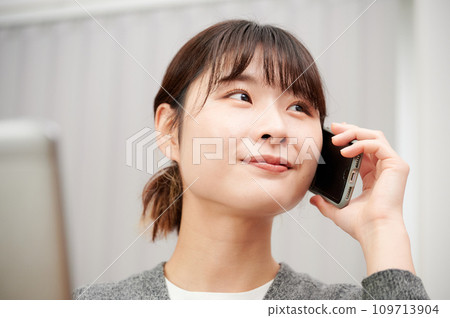 Woman working from home, telework, telecommuting, telephone 109713904