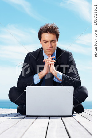 Laptop, thinking and business man by blue sky for working online, reading website and planning. Corporate, remote work and worker on computer brainstorming ideas for project, networking and research Laptop, thinking and business man by blue sky for working online, reading website and planning. Corporate, remote work and worker on computer brainstorming ideas for project, networking and research 109713911