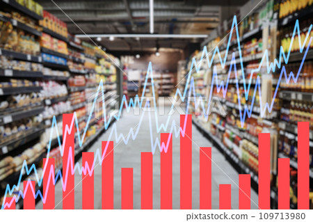 Chart, double exposure and supermarket for inflation increase in cost of living crisis with stats, numbers or data. Graph, analytics and percentage for economy, gdp growth and shopping mall for food Chart, double exposure and supermarket for inflation increase in cost of living crisis with stats, numbers or data. Graph, analytics and percentage for economy, gdp growth and shopping mall for food 109713980