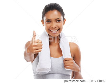 Fitness, thumbs up and woman in studio for training success, exercise achievement and winning hands or like emoji. Portrait, sports model and yes, okay or happy workout results on a white background 109714092