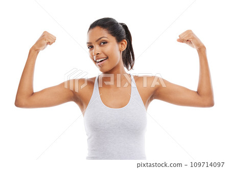 Flexing arms, portrait and woman with fitness, strong muscle and wellness isolated on a white studio background. Face, person and model with progress, endurance and healthy with confidence and smile Flexing arms, portrait and woman with fitness, strong muscle and wellness isolated on a white studio background. Face, person and model with progress, endurance and healthy with confidence and smile 109714097