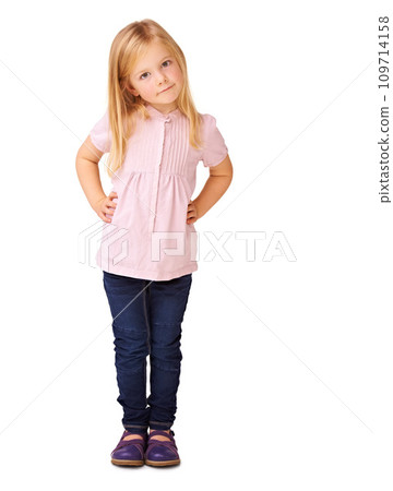 Fashion, cute and portrait of child in studio with stylish, cool and trendy outfit for kids. Happy, sweet and full body of young girl model with casual style and positive attitude by white background 109714158