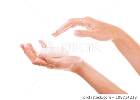 Self care, soap and closeup of washing hands in studio for grooming, wellness or health. Hygiene, cosmetic and zoom of person clean skin to prevent germ, bacteria or dirt isolated by white background Self care, soap and closeup of washing hands in studio for grooming, wellness or health. Hygiene, cosmetic and zoom of person clean skin to prevent germ, bacteria or dirt isolated by white background 109714239