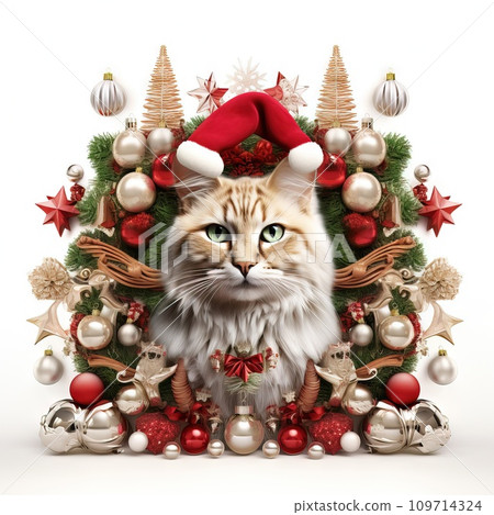 AI-generated content. Joyful 3D Christmas Cat wearing antlers and surrounded by holiday decorations Generative AI 109714324
