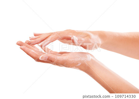 Sanitary, soap and closeup of washing hands in studio for hygiene, wellness or self care. Cosmetic, foam and zoom of person or model clean skin to prevent germs, bacteria or dirt by white background. 109714330