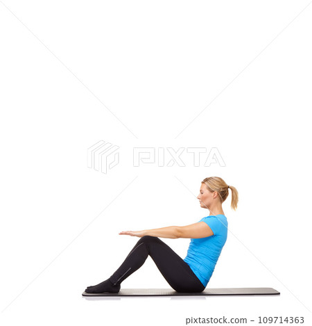 Woman, crunches or mat in studio for stretching, fitness or workout for healthy body, wellness or core muscle. Person, exercise or yoga on floor for abdomen health on mockup space or white background 109714363