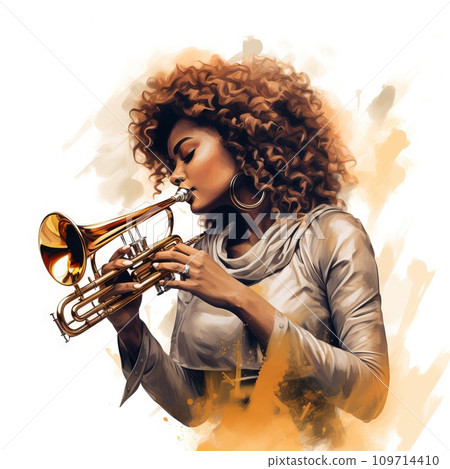 AI-generated content. Beautiful woman playing a brass trumpet concept white Background Generative AI 109714410
