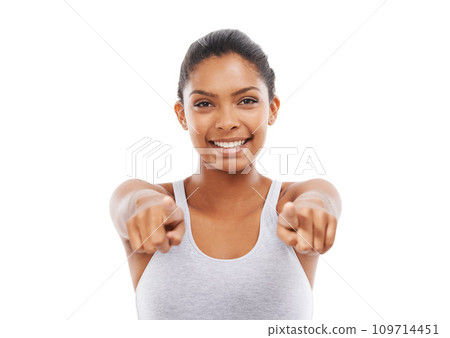 Pointing to you, portrait and woman with choice, decision and wellness isolated on a white studio background. Person, hand gesture and model with options, feedback and opportunity with motivation 109714451