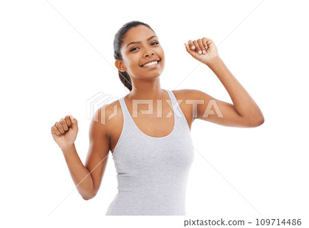 Woman, portrait and fitness dance with a smile and confidence in a studio for exercise and training. Wellness, happy and female person with workout and music with white background and athlete 109714486